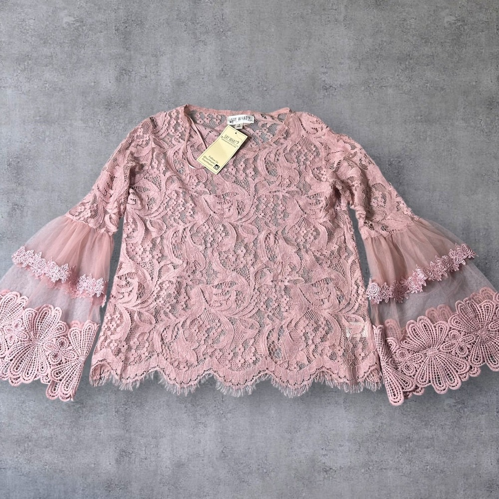 Say What Top‎ Womens M Pink Lace Bell Sleeve Sheer Romantic Feminine Elegant NEW